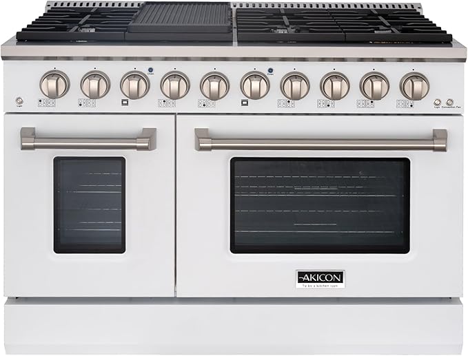 Akicon 48 Inch Freestanding Gas Range - 6.7 cu. ft. Double Rapid Convection Gas Oven - Gas Stove with 8 Sealed Burners & a Griddle, Heavy Duty Cast Iron Grates (White & Stainless Steel)