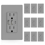 ELEGRP USB Outlets Receptacles, 3-Port Wall Outlet, 30W 6.0A Electrical Outlet, 15 Amp Tamper-Resistant Outlet with Type C Ports, UL Listed, Wall Plate Included, 10 Pack, Matte Gray