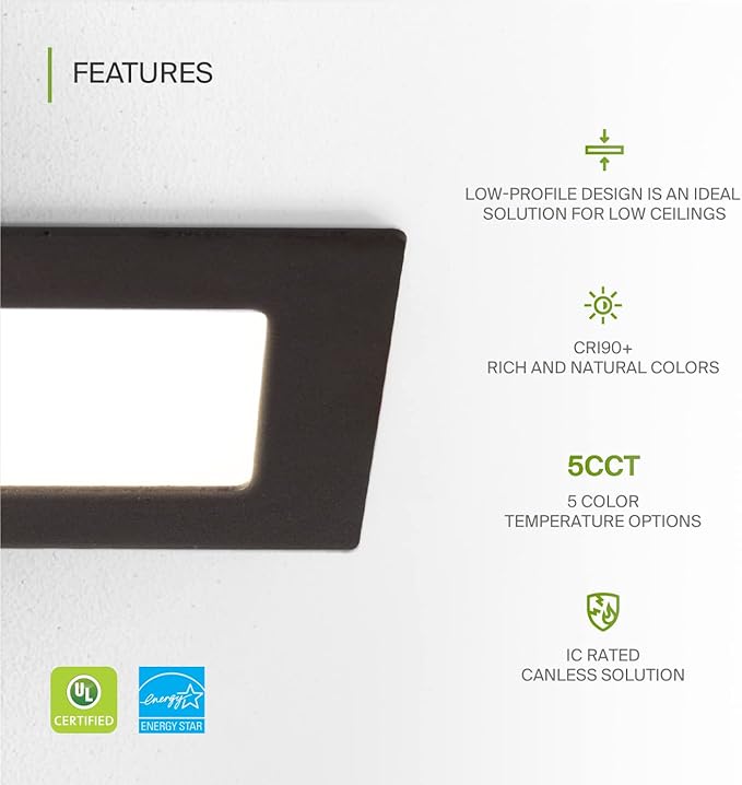 ASD 6 Pack LED Square Recessed Lighting 3 Inch, 5 CCT 2700K-5000K, 6W 30W Eqv, Ultra Thin Dimmable Ceiling Lights with J Box, Canless Wafer Downlight, Slim Panel, UL Energy Star, Oil-Rubbed Bronze