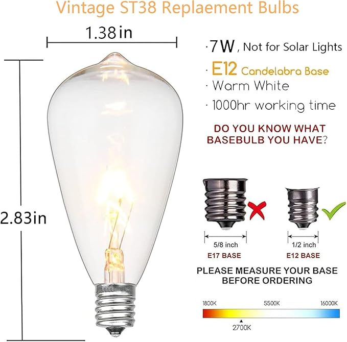 10-Pack Edison Replacement Light Bulbs, 7-Watt E12/C7 Incandescent ST38 Replacement Clear Glass Light Bulbs for Outdoor Patio String Lights, Vintage Light String