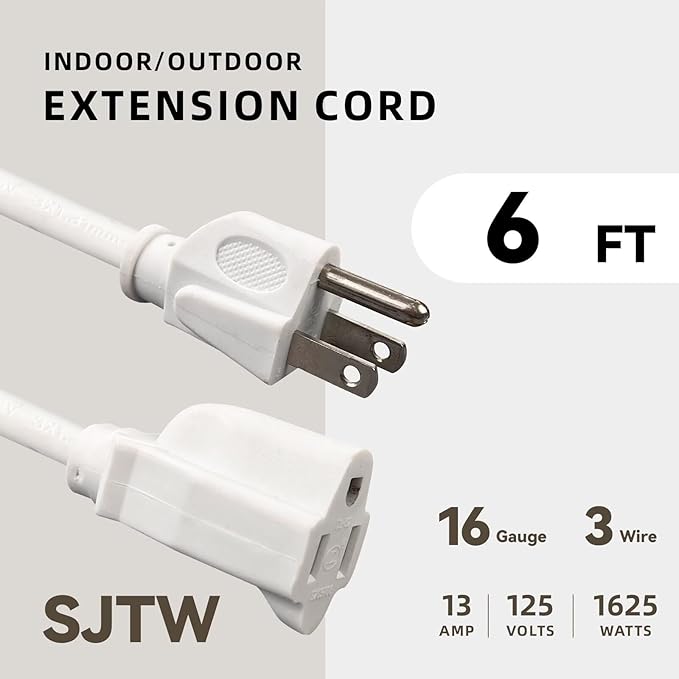 6ft Outdoor Extension Cord for Christmas Decorations - 16/3 Heavy Duty SJTW Waterproof White Electrical Cable with 3 Prong Grounded Plug for Safety, Great for Lawn and Major Appliances