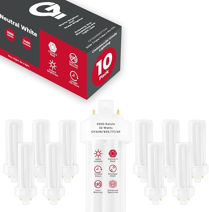 GoodBulb 32 Watt CFL Light Bulbs 4 Pin GX24Q-3 Base 3500K Neutral White 32W High Output 2400 Lumens Triple Tube Compact Fluorescent Light Bulbs Plug-in 10 Pack