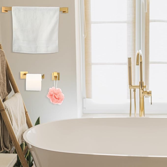 Gisafai 10 Pcs Bathroom Hardware Accessories Set 23.6 Inch Bath Towel Bar Kit Stainless Steel Bathroom Hardware Set Towel Racks Ring Hooks Paper Holder for Wall Mounted (Gold)