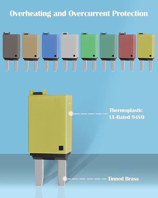 ATM Manual Resettable Fuse Low Profile Mini Blade Fuses 5A 6A 7.5A 10A 15A 20A 25A 30A Amp Automotive Circuit Breaker Fuses Reset Fuses Assortment Kit Boat Marine RV Car Truc DC 12V 28 Volts