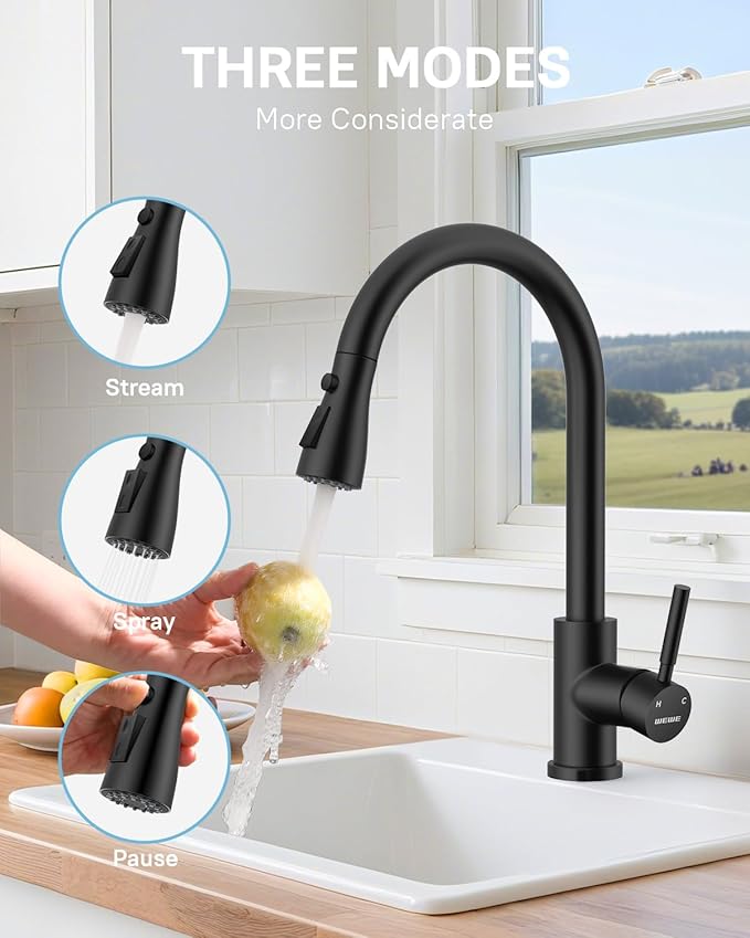 WEWE Kitchen Faucets with Pull Down Sprayer, Stainless Steel Single Handle 1 Hole for Family Kitchen Commercial Camper Laundry Rv Bar, Matte Black