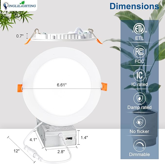 DLLT LED Recessed Ceiling Light: 24 Pack 6 Inch Slim Recessed Lighting for Kitchen - 5CCT Dimmable Canless Wafer Downlight for Living Room - 725LM Brightness 12W 120V Can Lights for Bedroom ETL FCC