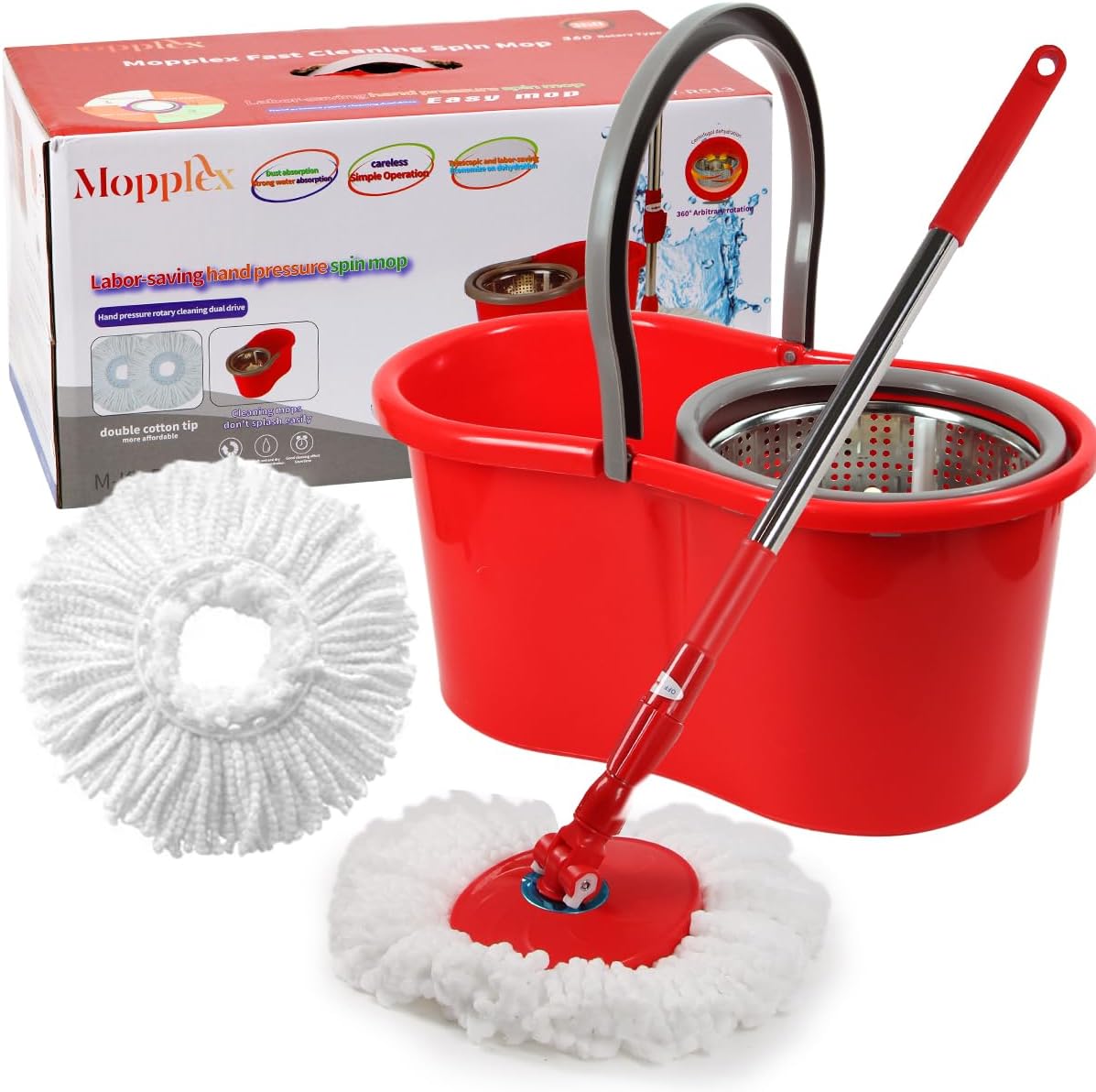 Spin Mop and Bucket with Wringer Set, 360° Spinning Mop and Bucket System with Double Cotton Tip Replacement Heads and Stainless Steel Adjustable Handle for Floor Cleaning (20QT)
