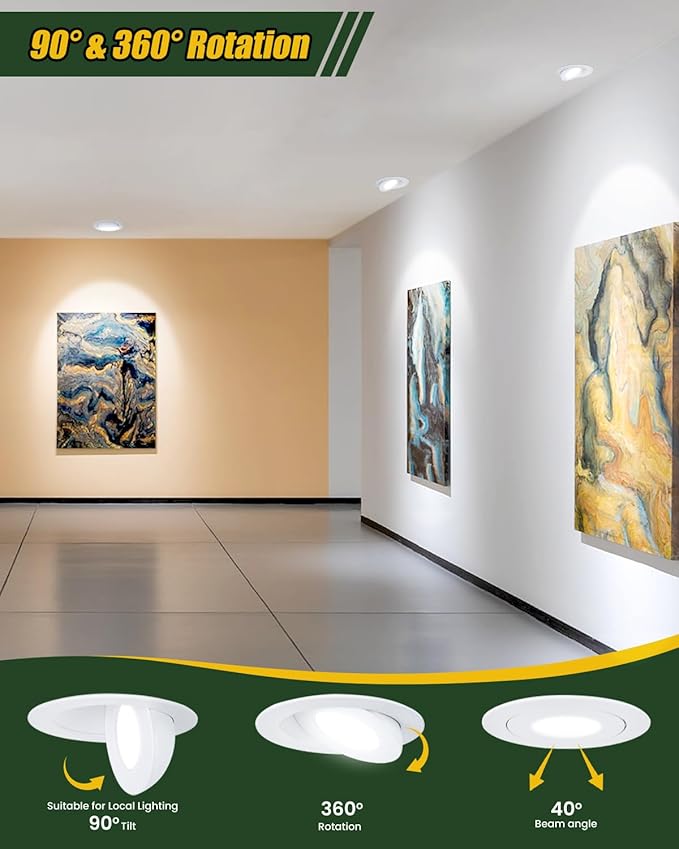 ZYC Gimbal LED Recessed Lighting - 6 Inch 5CCT 12W 360° Rotation Adjustable Eyeball Light,LED Swivel Spotlight,Directional Sloped Ceiling Light,Dimmable Canless Wafer Downlight Pack of 6 White.