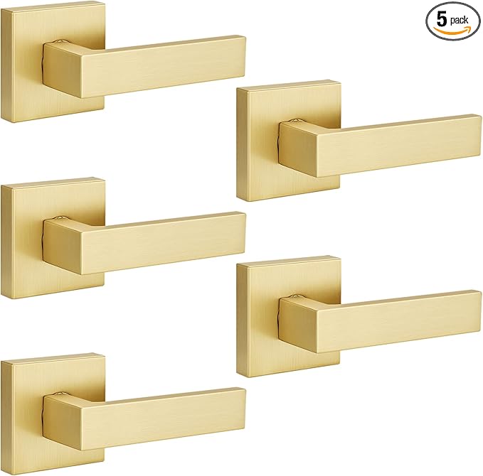 EHOMEWARE 5 Pack Dummy Door Handles in Satin Brass, Non-Turning Interior Door Levers, Heavy Duty Reversible Indoor Handles for Closet Pantry