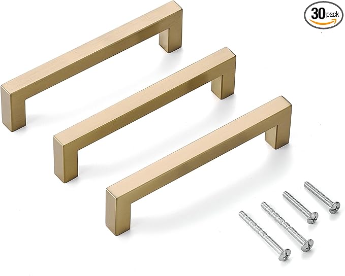 30 Pack Champagne Cabinet Pulls 5 Inch Hole Center Square Champagne Bronze Cabinet Handles Dresser Drawer Handles Stainless Steel Kitchen Handles for Cabinets Kitchen Hardware