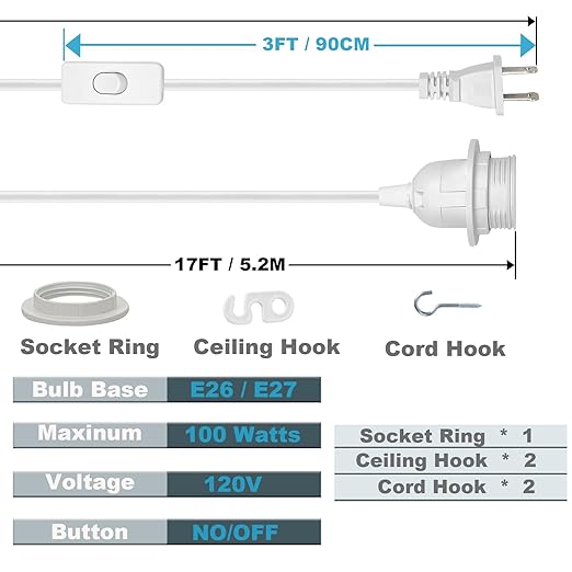 Plug in Pendant Light Cord Kit - UL 20Ft Lamp Cord with On/Off Switch and Bulb Socket E26 E27, White Extension Electric Wire for DIY Hanging Lanterns, 1 Pack