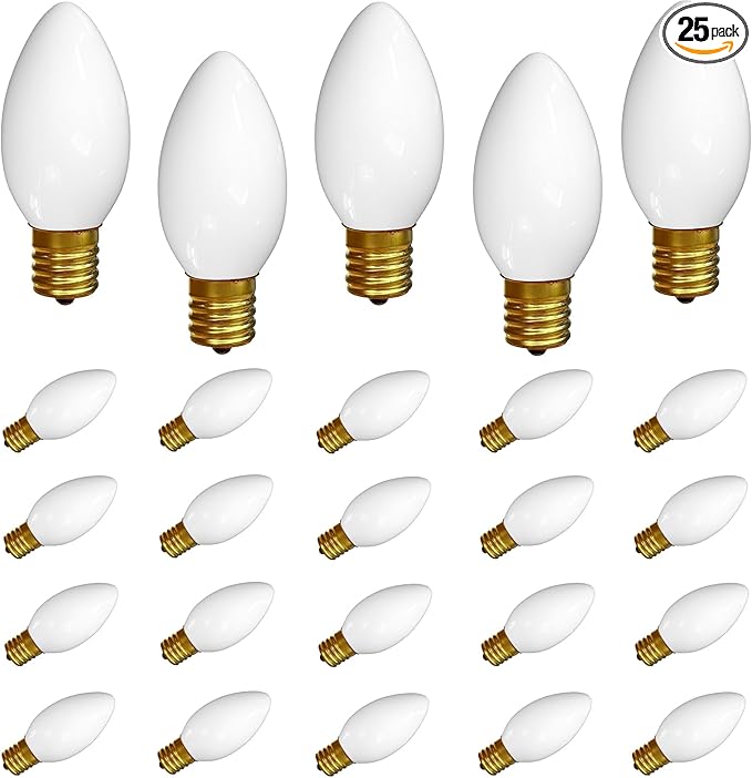 SUNSGNE 25 Pack C9 Incandescent Christmas Light Bulbs, 7 Watt Night Light Bulbs for Outdoor String Lights, Candle Lamps, Night Lights, White, E17 Intermediate Base
