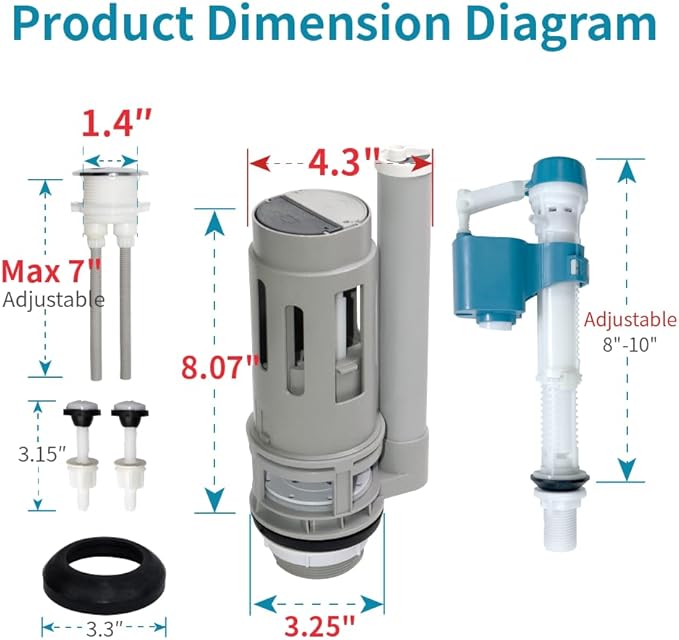 2-Inch Dual Flush Valve Repair Kit for 2-Piece Top-Flush Toilets, Includes 8" Height Flush Valve, 1.4" Threaded Button, Fill Valve, Gasket, Bolts