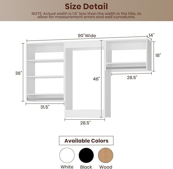 ROOMTEC Modular Closet System, 90" Closet Organizer with Hanging Rods, Wall-Mounted Wooden Tower for Walk-In Closets, Wardrobe Storage Kit, White