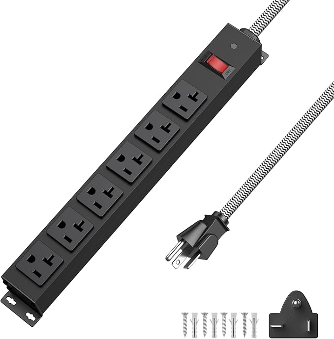 HEZI 20 Amp Power Strip with 5-20P/T- Plug, Heavy Duty High Amp Metal Surge Protector, Mountable Industrial Power Strip with 6AC Outlets(5-20R) and Circuit Breaker, 10FT 12AWG Extension Cord