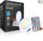 TORCHSTAR 5CCT 3 Inch Slim LED Recessed Lighting with Junction Box, CRI90 Dimmable 6W Ultra-Thin LED Recessed Light, 2700K-5000K Selectable, 450LM Downlight, ETL & Energy Star, Pack of 6