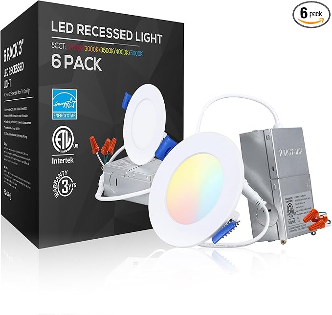 TORCHSTAR 5CCT 3 Inch Slim LED Recessed Lighting with Junction Box, CRI90 Dimmable 6W Ultra-Thin LED Recessed Light, 2700K-5000K Selectable, 450LM Downlight, ETL & Energy Star, Pack of 6