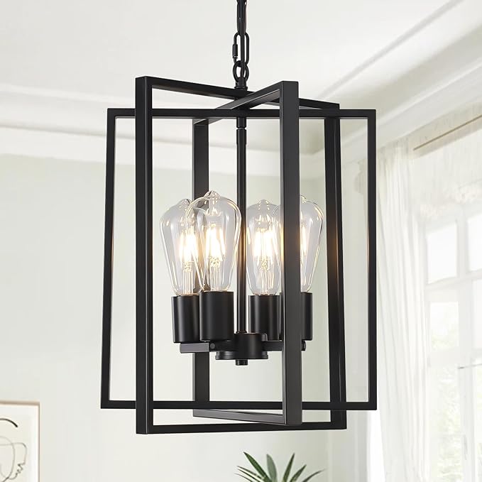 4 Light Modern Farmhouse Chandelier for Dining Room, Black Pendant Lights Fixtures for Kitchen Island, Foyer Lighting Fixtures High Ceiling for Entryway Hallway Living Room Bedroom