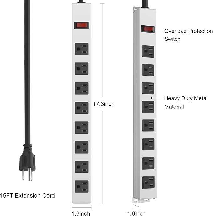 JUNNUJ Metal 8 Outlet Power Strip, Mountable Heavy Duty Power Strip, 1200J Surge Protector Wall Mount Screws Outlet with Switch, Gaming Desk Strips Wide Spaced 15A 125V 1875W, 15 FT 14AWG Power Cord