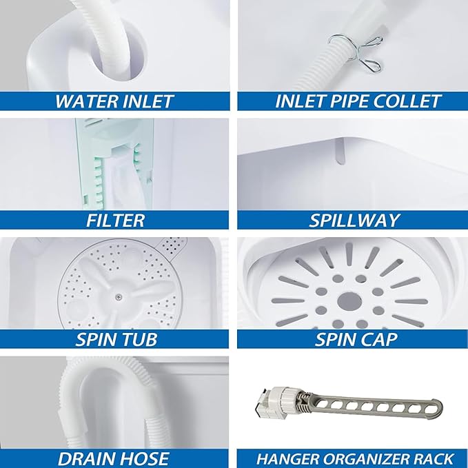 Sportpulse Mini Twin Tub 18lbs Portable Washing Machine, 11lbs Washer & 7lbs Spinner, Small Laundry Washer with Time Control for Camping, Apartments, RV (Black, 18lbs)