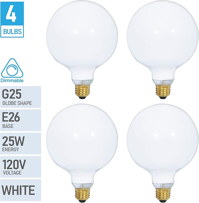 (4 Pack) G25 Incandescent Incandescent Light Bulb 2700K Soft Light, Decorative Globe Light Bulbs,E26 Medium Base, Perfect for Pendant Bathroom/Vanity Mirror Makeup, Dimmable. (White-Finish, 25-Watt)