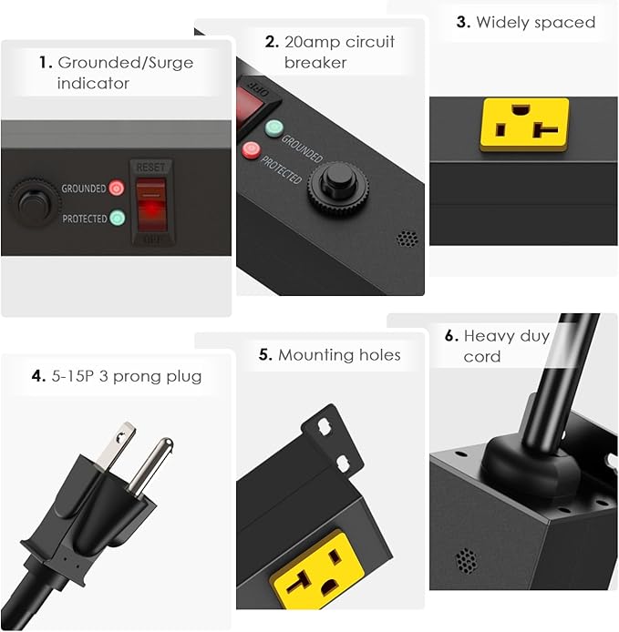 JUNNUJ Long Metal 16 Outlet Power Strip, Heavy Duty Power Strips Surge Protection 4800J with Circuit Breaker, 20a Wide Spaced Socket Wall Mount 5-15P Adapter High Amp 6-20R T-Slot 4FT Extension Cord
