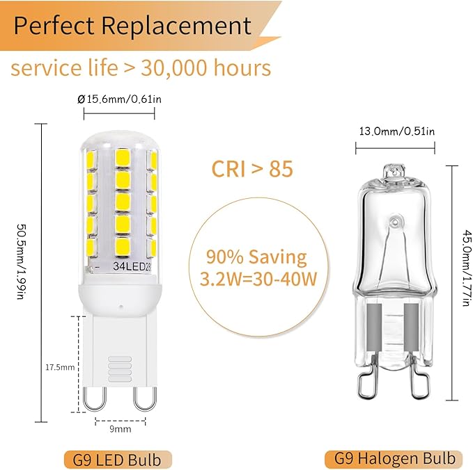 G9 LED Bulb Dimmable 3.2W (30-40W Halogen Bulb Equivalent), Cool White 6000K, 120V 350LM G9 Bi Pin Base Light Bulbs for Chandelier Light, No Flicker, 360° Beam Angle, 6 Pack