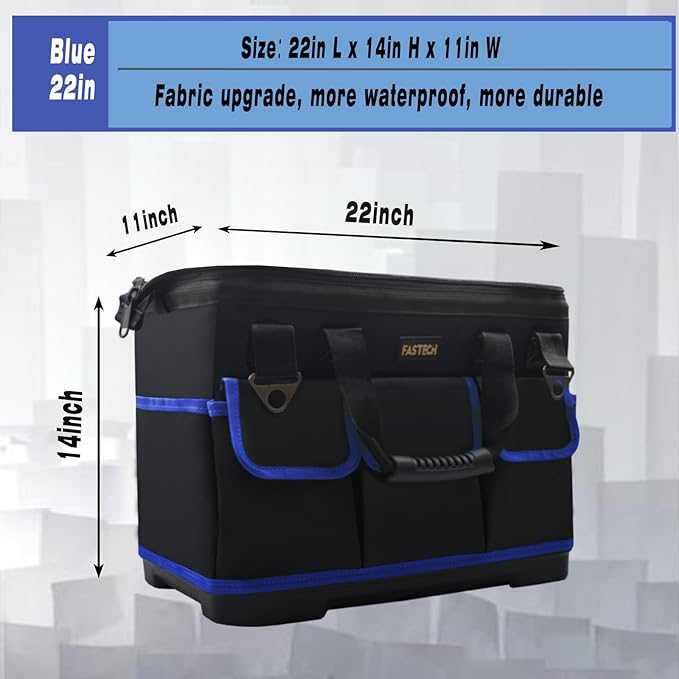 FASTECH 22 Inch Tool Bag, Waterproof Wide Mouth Tool Kit, Heavy Duty Tool Bag Organizer With Shoulder Straps, Tool Storage Package For Men/Women (Blue22IN)