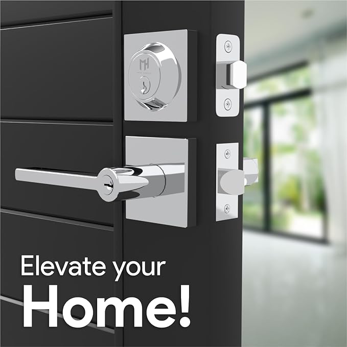 Mega Handles Prime Entrance Combo, Entry Lever Door Handle and Single Cylinder Deadbolt Lock and Key Combo, Heavy Duty Square Locking Door Levers Set for Left or Right-Handed Doors - Polished Chrome