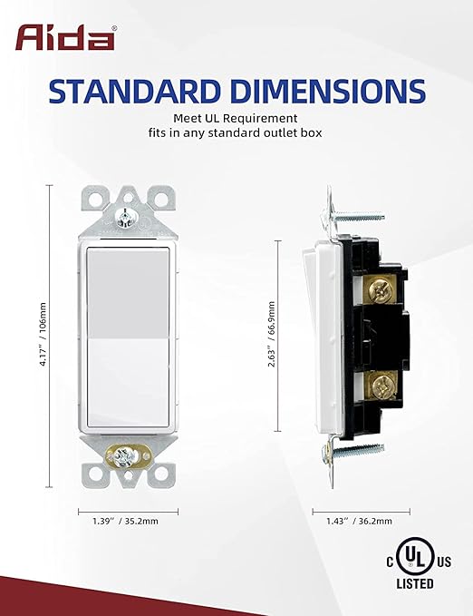 AIDA Single Pole Rocker Decora Light Switch, 15 Amp Self-grounding Electrical Light Switches, Residential Grade, UL Listed (50, Glossy White, Without Wall Plate)