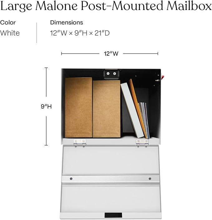 post & porch Malone Mailbox | Post Mounted Mailbox | Black/White/Gray/Brown/Red/Blue/Green, Regular or Large, Weatherproof Mail Box for Outside, Customizable (White, Large)