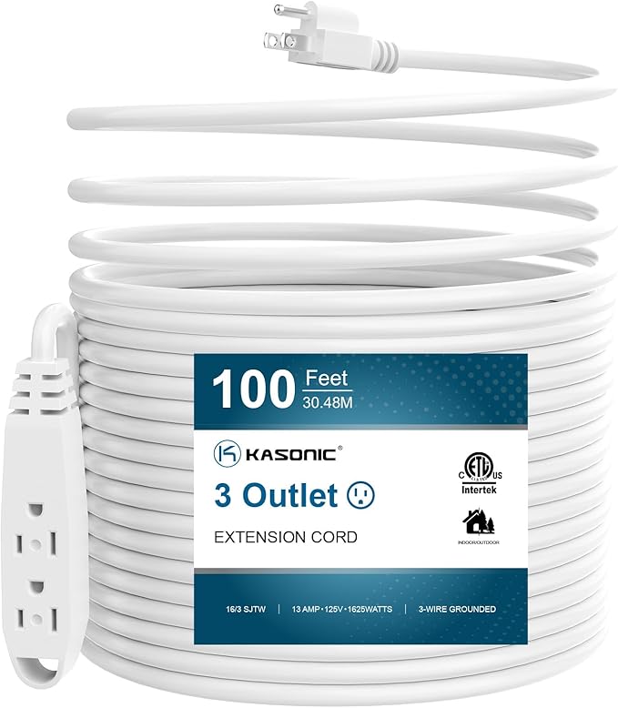 K KASONIC - 100-Feet 3 Outlet Extension Cord, ETL/UL Listed, 16/3 SJTW 3-Wire Grounded, 10 Amp 125 V 1625 Watts, Multi-Outlet Indoor/Outdoor Use, White