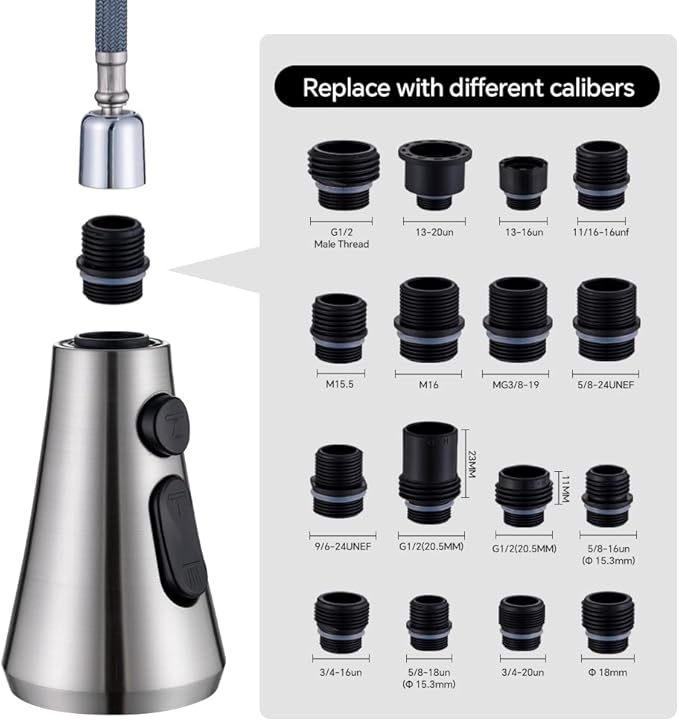 Universal Kitchen Faucet Replacement Pull Down Sprayer with 3-Spray Modes & 16 Adapters - Compatible with Moen, Kohler, and Delta and Sink Faucets (Brushed Nickel)