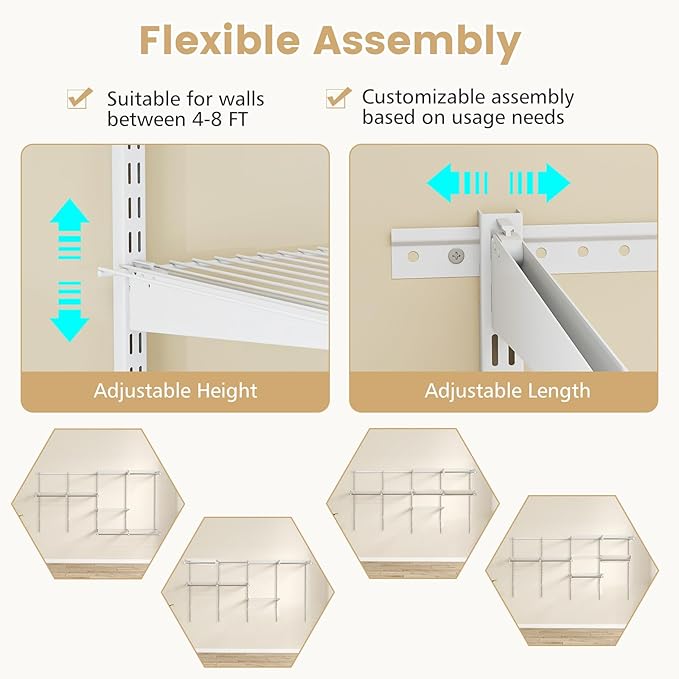 Giantex Closet Organizer System, 4-8 FT Wall-Mounted Closet Shelves and Rod, Adjustable Closet Organization w/ Hanging Rod, DIY Expandable Modular Metal Wire Shelving for Laundry Bedroom (White)