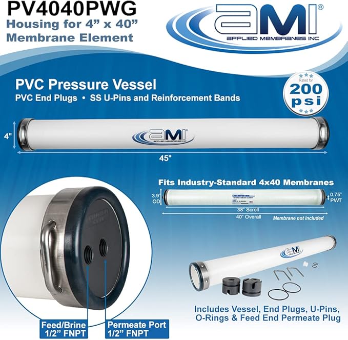 APPLIED MEMBRANES, INC. 4x40 RO Membrane Housing | PVC RO Pressure Vessel for 4" x 40" RO, UF, NF, MF Membrane Element | Commercial Water Treatment | 200 PSI | U-Pin Style | PV4040PWG
