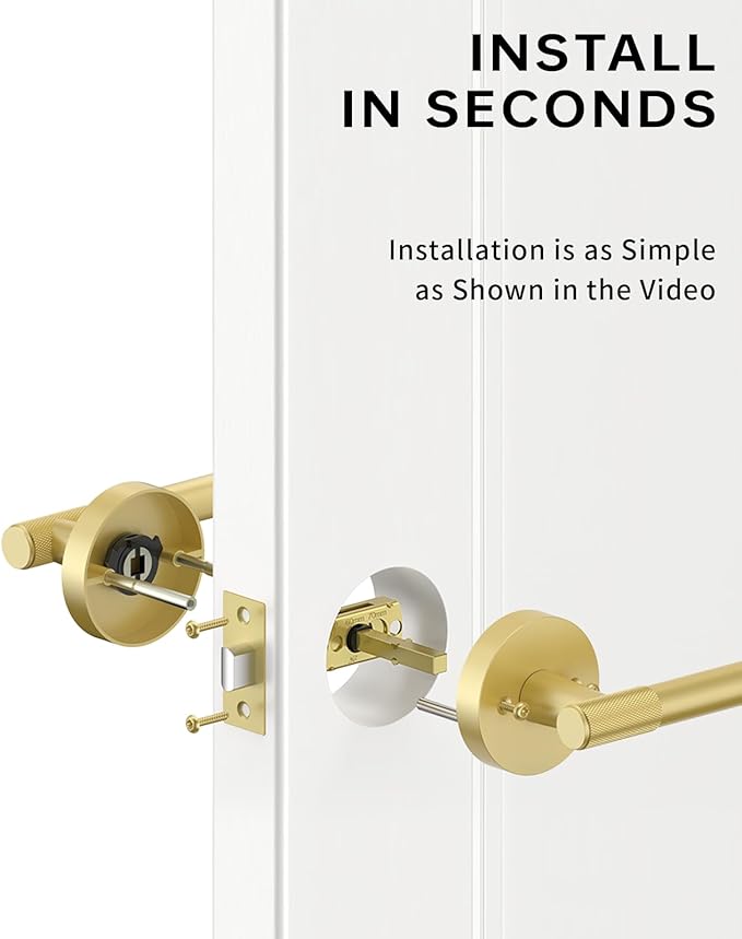 Asidrama 4 Pack Passage Gold Door Knob with Lock, Brushed Gold Door Handles Interior for Bedroom or Bathroom, Heavy Duty Door Lever with Reversible Interior Door Handle for Left Right Sided Doors