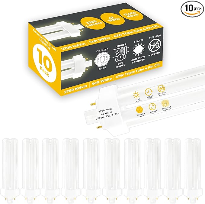 GoodBulb 42 Watt CFL Light Bulbs 4 Pin GX24Q-4 Base 2700K Soft White 42W High Output 3200 Lumens Triple Tube Compact Fluorescent Light Bulbs Plug-in 10 Pack