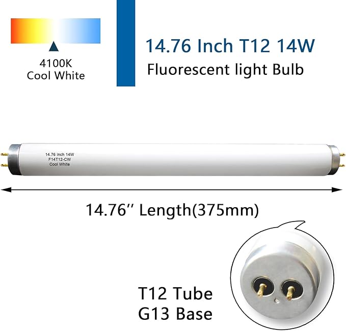 Valoisa F14T12/CW 14W 14 3/4 Inch T12 4100K Linear Fluorescent Light Bulb,14 Watts, G13 Medium Base,T12 Tube,14 3/4" MOL,1.5" Dia,4100K Cool White,3Pack