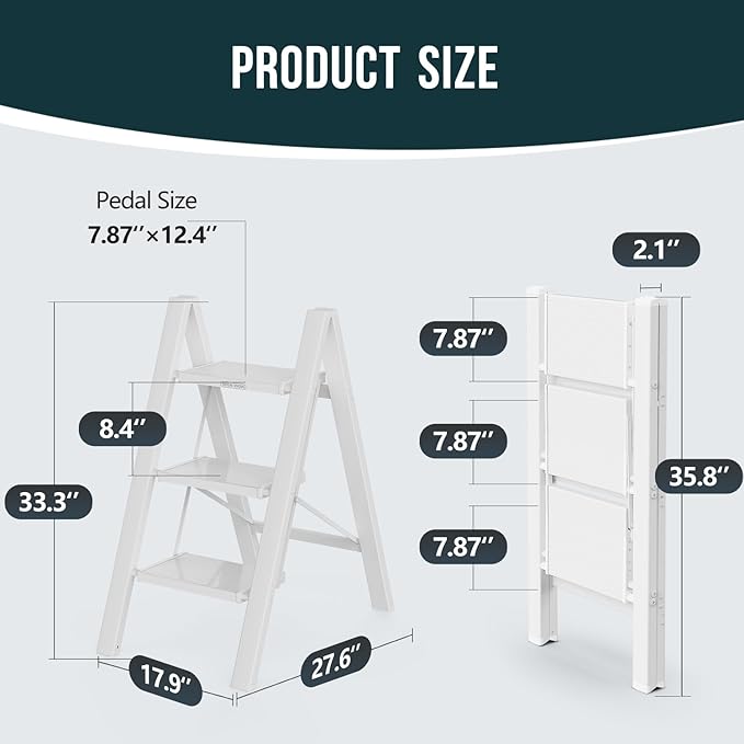 WOA WOA Step Ladder, Widen Pedals Folding Step Stool with Anti-Slip Foot, Portable Lightweight Aluminum Ladder, Household Stepladder for Kitchen, Fold Thin & Space Save, 300 lbs Load (3 Step, White)