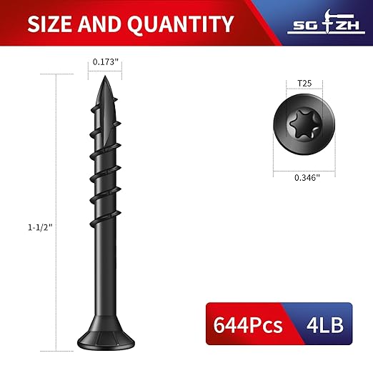 #8 x 1-1/2" Deck Screws (644Pcs) 4lb. Exterior Wood Screws. Carbon Steel, Black, Flat Head, Rust Resistant epoxy Coated, with T25 Star Bit