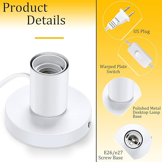 Tuanse 6 Pcs Polished Metal Desktop Lamp E26 E27 Screw Light Bulb Sockets Holder Base Lamp Replacement Base for Holding Bulb 6 Feet Cord on Off Switch Plug(White)
