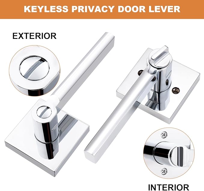 Probrico Polished Chrome Privacy Door Handle Lockset Heavy Duty Square Interior Door Lever for Bedroom or Bathroom Reversible Keyless Handleset Door Knob Slim Handed Levers, 4 Pack