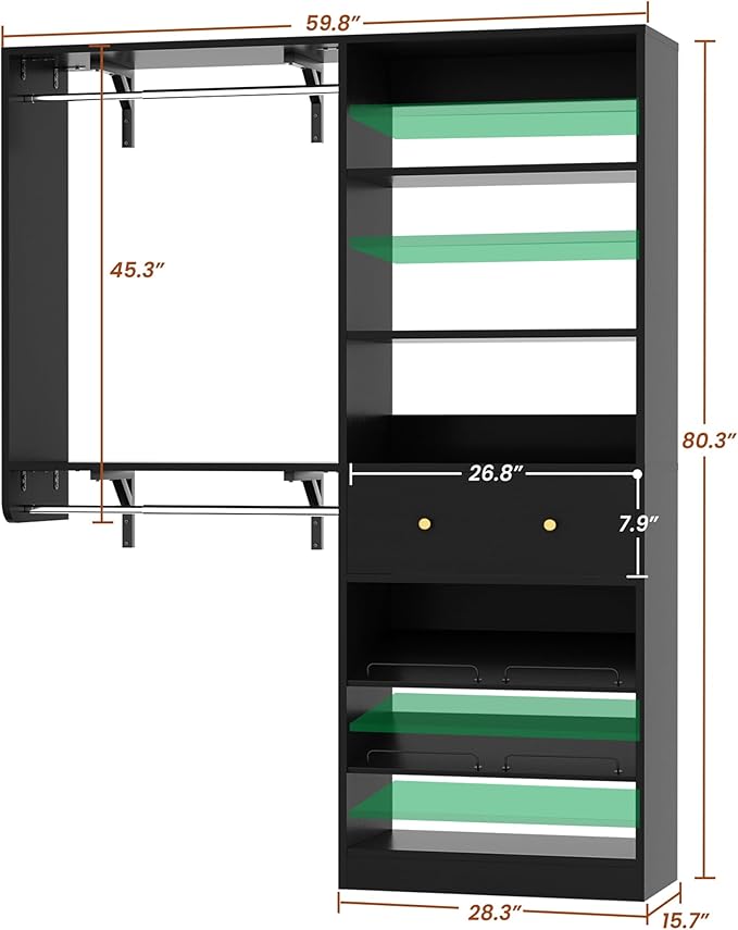 Closet System with Drawer - Reversible 5FT Wood Closet Organizer System with 2 Hanging Rods and Adjustable Shelf, Walk In Closet Organizers with Shoe Rack, Built-In Garment Rack Clothes Rack, Black