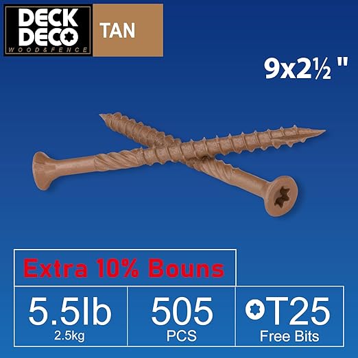 Wood Screws #9 x 2-1/2" 505pcs(Approx), Tan Ruspert Coating Exterior Deck Screws, Torx/Star Drive Flat Head,Twist Shank, Cut Tip/Thread, Bit Included, 5.5 lb/Box