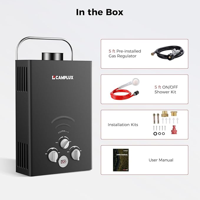 CAMPLUX Portable Tankless Water Heater 1.58 GPM, BW158B Outdoor Propane Water Heater Camping, 41,000 BTU, Black