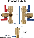 MEASUREMAN Tankless Water Heater Service Valve Kit, 3/4" IPS Forged Brass Isolator Valves with Pressure Relief, Heavy-Duty Lead-Free Brass
