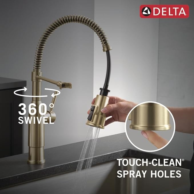 Delta Theodora Pro Style Commercial Kitchen Faucet with Pull Down Sprayer, Single Hole Brushed Gold Kitchen Sink Faucet, Single Handle, Champagne Bronze 18804Z-CZ-DST