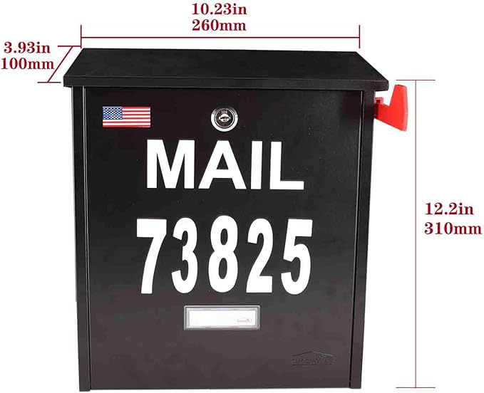 Wall Mount Locking Mailbox - Black Large Capacity Security Mailbox - Waterproof Stainless Steel Vertical Drop Mail Box Outdoor with Key