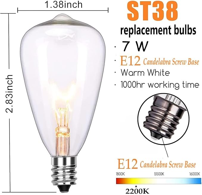 Abeja 10-Pack Edison Replacement Light Bulbs,7-Watt E12 Candelabra Base ST38 Replacement Clear Glass Light Bulbs for Outdoor Patio String Lights, Warm White