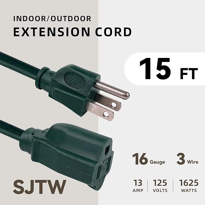 15ft Outdoor Extension Cord for Christmas Decorations - 16/3 Heavy Duty SJTW Waterproof Green Electrical Cable with 3 Prong Grounded Plug for Safety, Great for Lawn and Major Appliances
